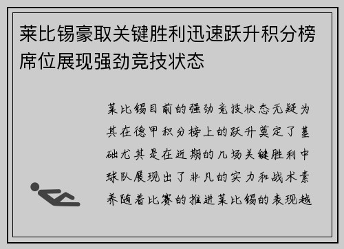 莱比锡豪取关键胜利迅速跃升积分榜席位展现强劲竞技状态