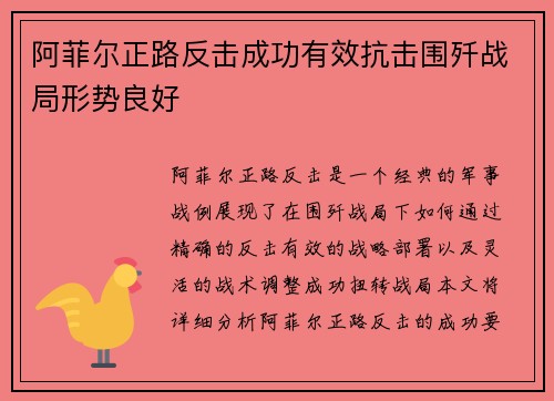 阿菲尔正路反击成功有效抗击围歼战局形势良好