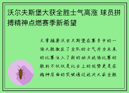 沃尔夫斯堡大获全胜士气高涨 球员拼搏精神点燃赛季新希望