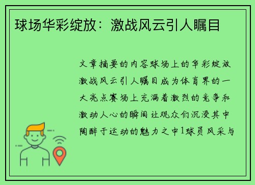 球场华彩绽放：激战风云引人瞩目