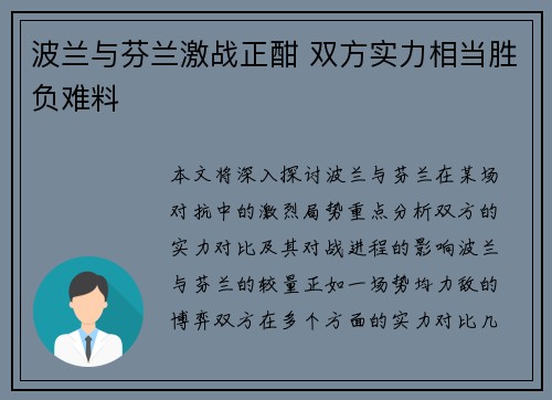 波兰与芬兰激战正酣 双方实力相当胜负难料