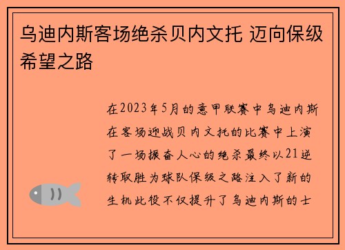 乌迪内斯客场绝杀贝内文托 迈向保级希望之路