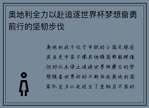 奥地利全力以赴追逐世界杯梦想奋勇前行的坚韧步伐