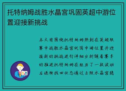 托特纳姆战胜水晶宫巩固英超中游位置迎接新挑战