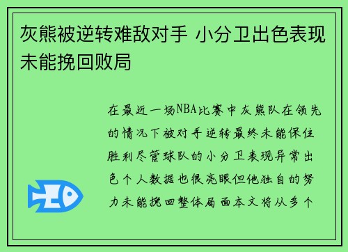 灰熊被逆转难敌对手 小分卫出色表现未能挽回败局