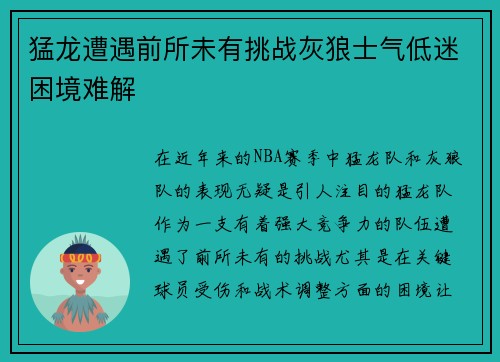 猛龙遭遇前所未有挑战灰狼士气低迷困境难解