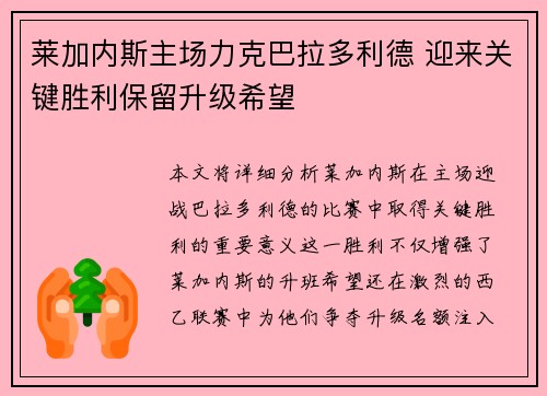 莱加内斯主场力克巴拉多利德 迎来关键胜利保留升级希望