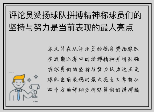 评论员赞扬球队拼搏精神称球员们的坚持与努力是当前表现的最大亮点